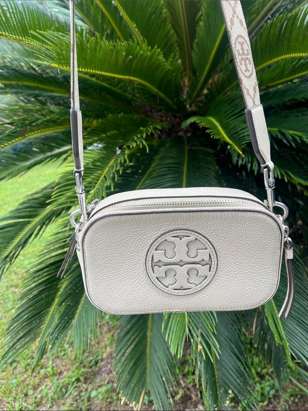 Tory Burch Pearl White Pebbled Leather Camera Crossbody